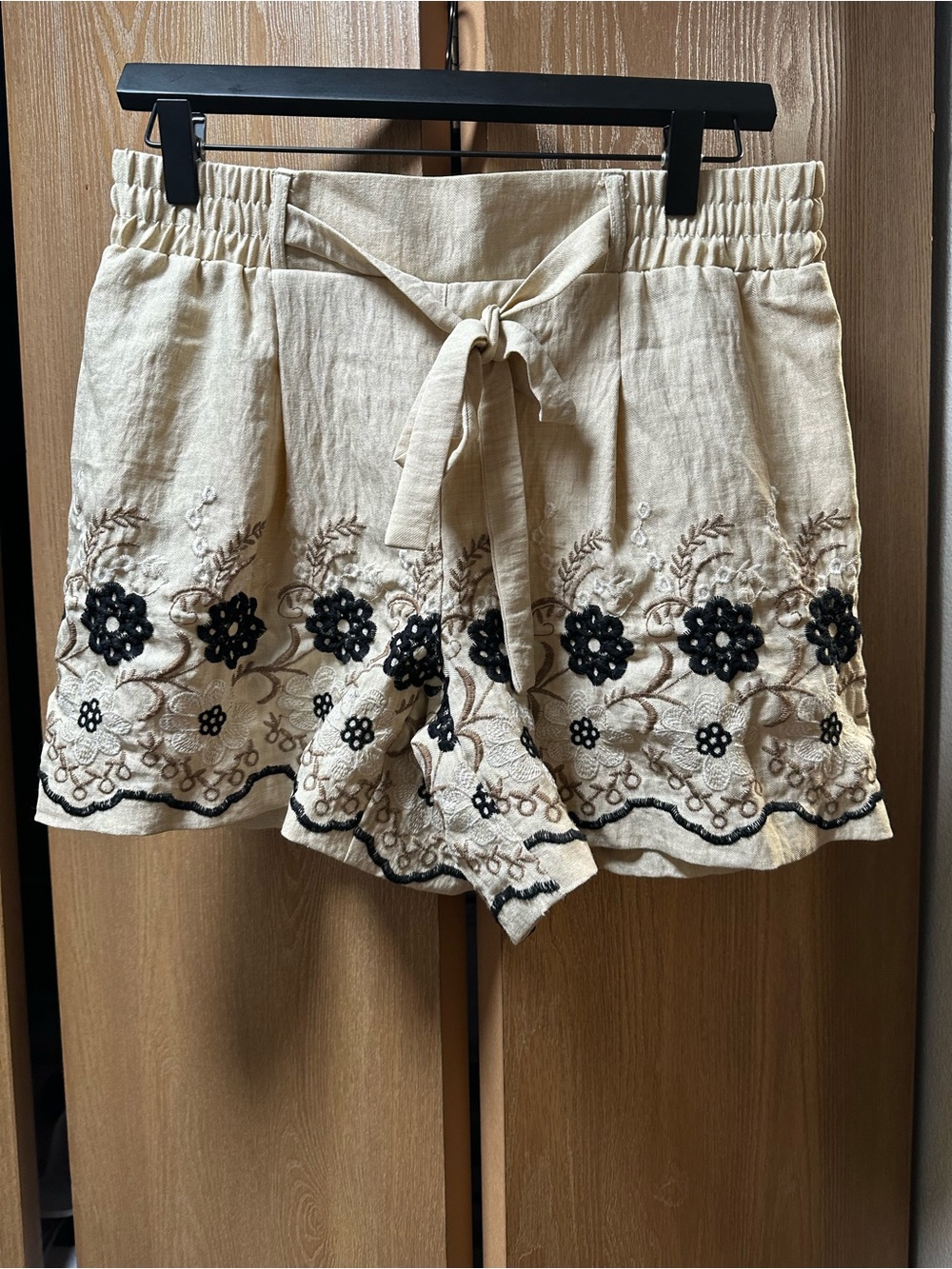 Wren Cream Embroidered Tie-Front Shorts with Black Floral Detail